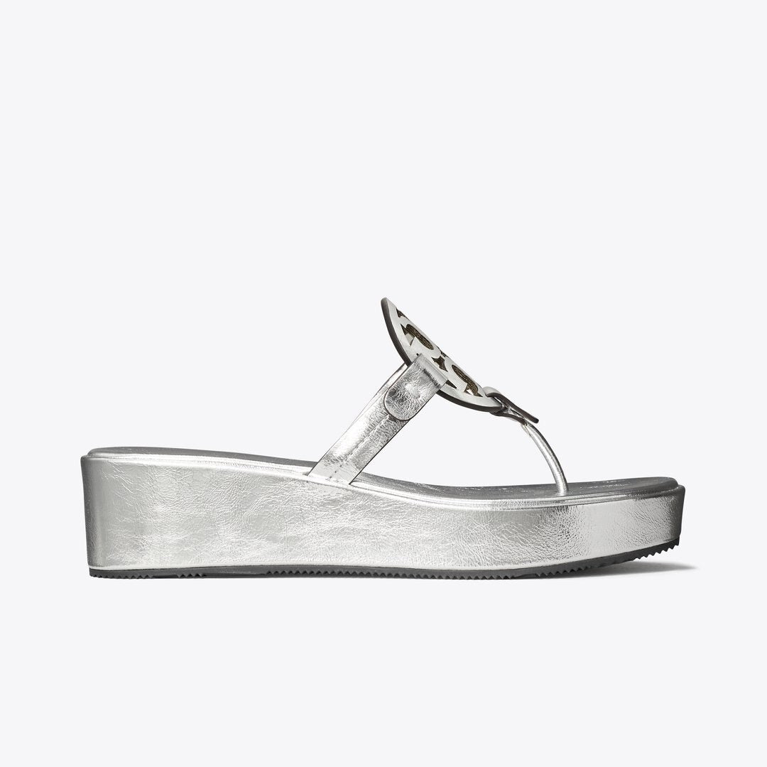 Tory Burch Miller Crinkled Metallic Wedge Sandal SILVER