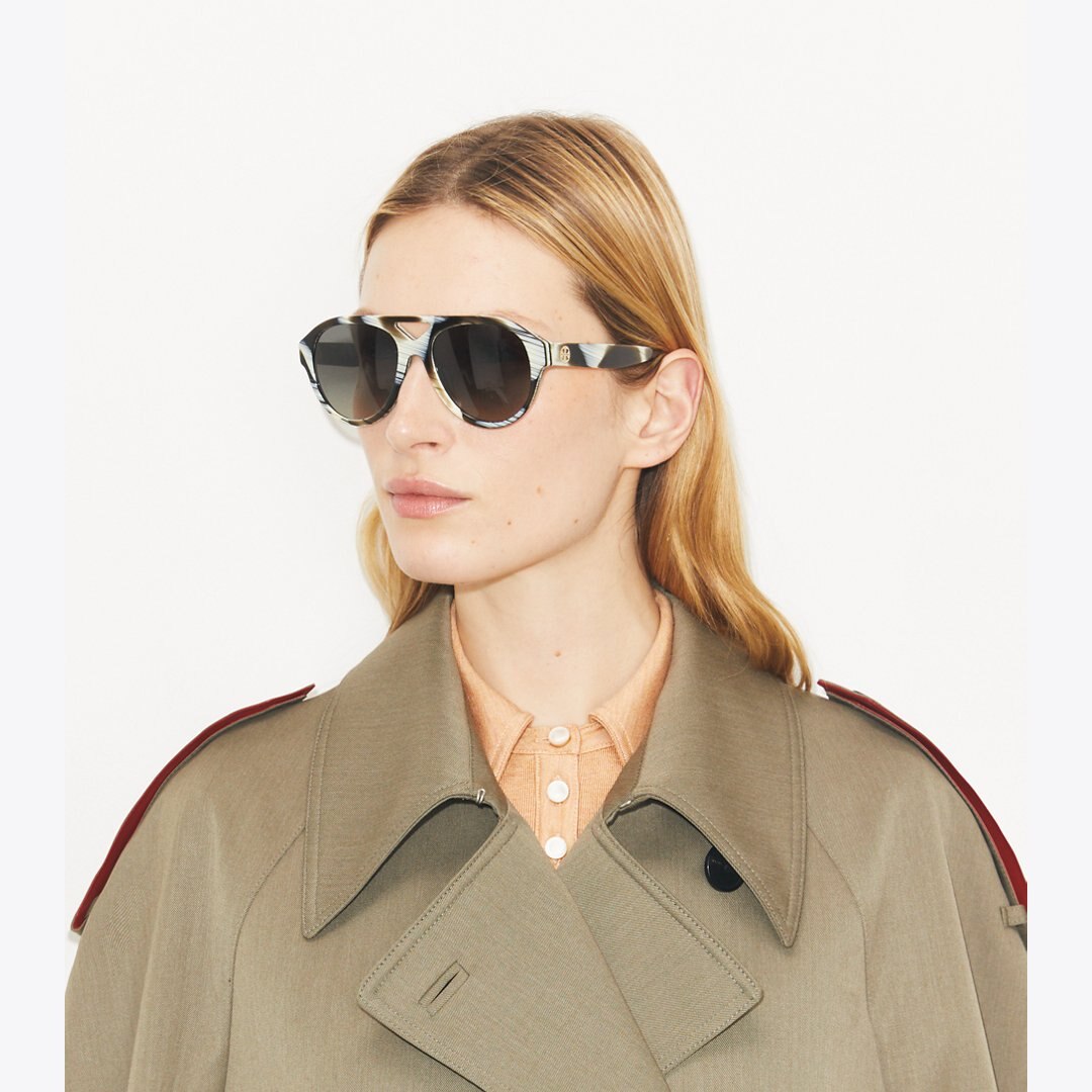 Tory Burch Miller Pilot Sunglasses IVORY BROWN HORN/LIGHT GRAY GRADIENT