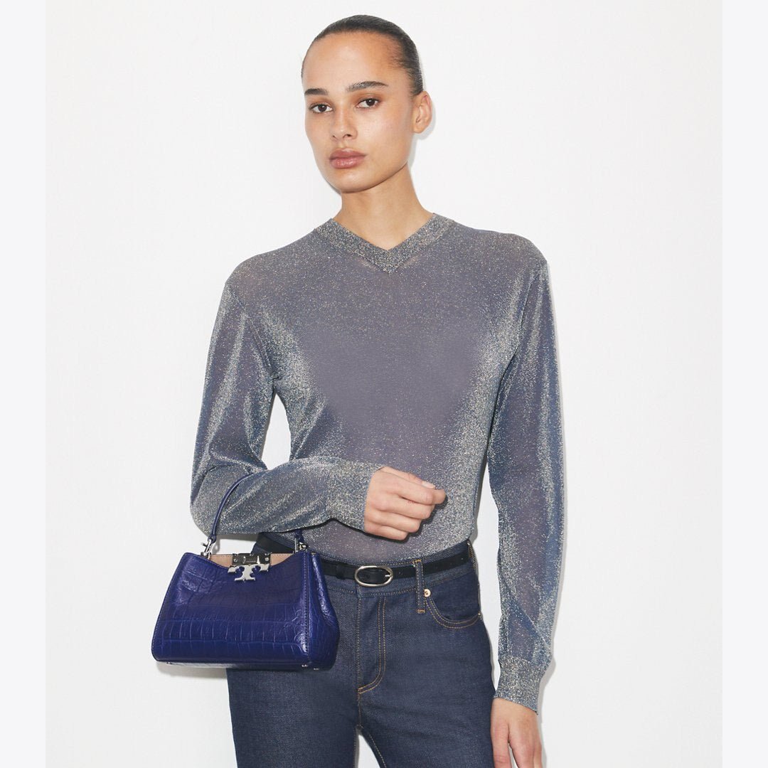 Tory Burch Mini Eleanor Soft Croc-Embossed Satchel Ballpoint Blue