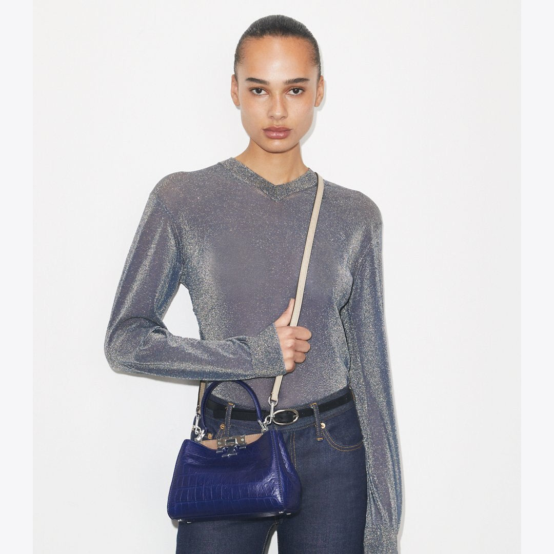 Tory Burch Mini Eleanor Soft Croc-Embossed Satchel Ballpoint Blue