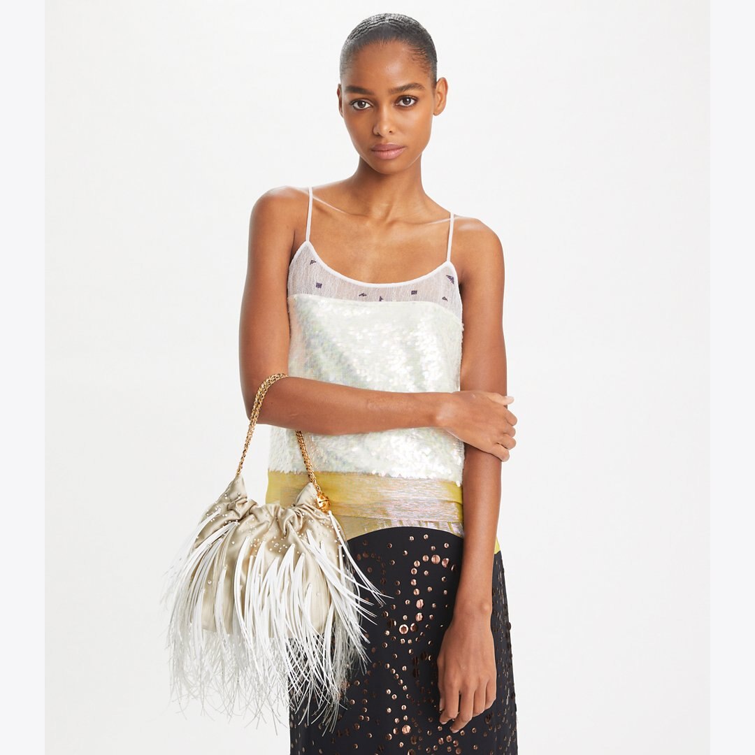 Tory Burch Mini Fleming Feather Hobo Bag Stone