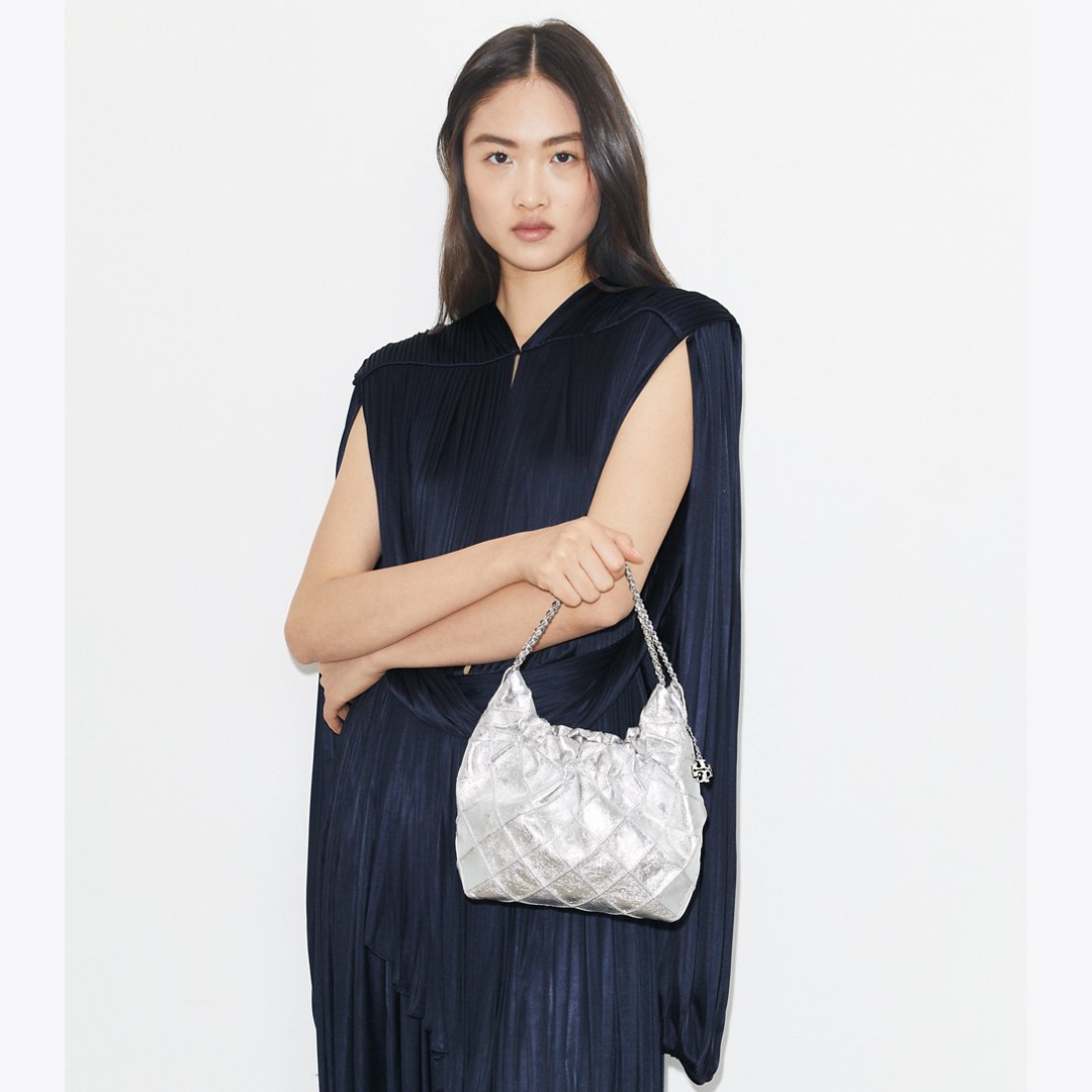 Tory Burch Mini Fleming Metallic Hobo Bag Silver