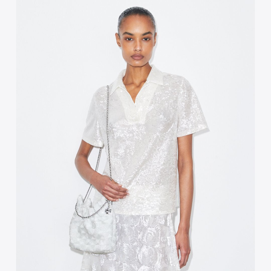 Tory Burch Mini Fleming Sequin Hobo Bag White