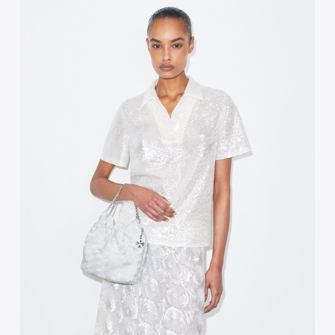 Tory Burch Mini Fleming Sequin Hobo Bag White