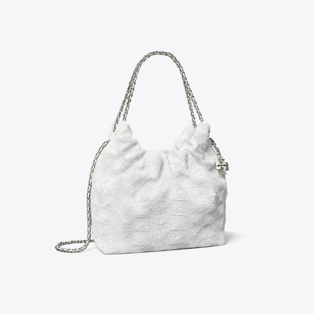 Tory Burch Mini Fleming Sequin Hobo Bag White