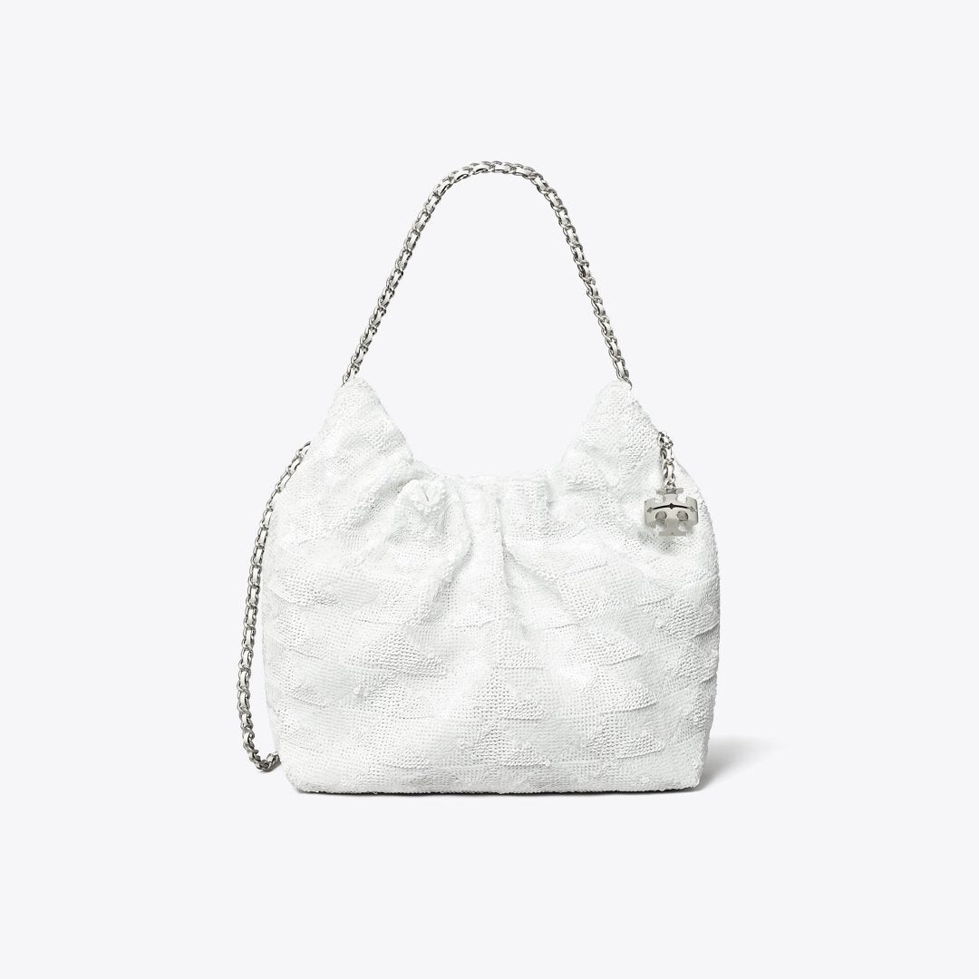 Tory Burch Mini Fleming Sequin Hobo Bag White