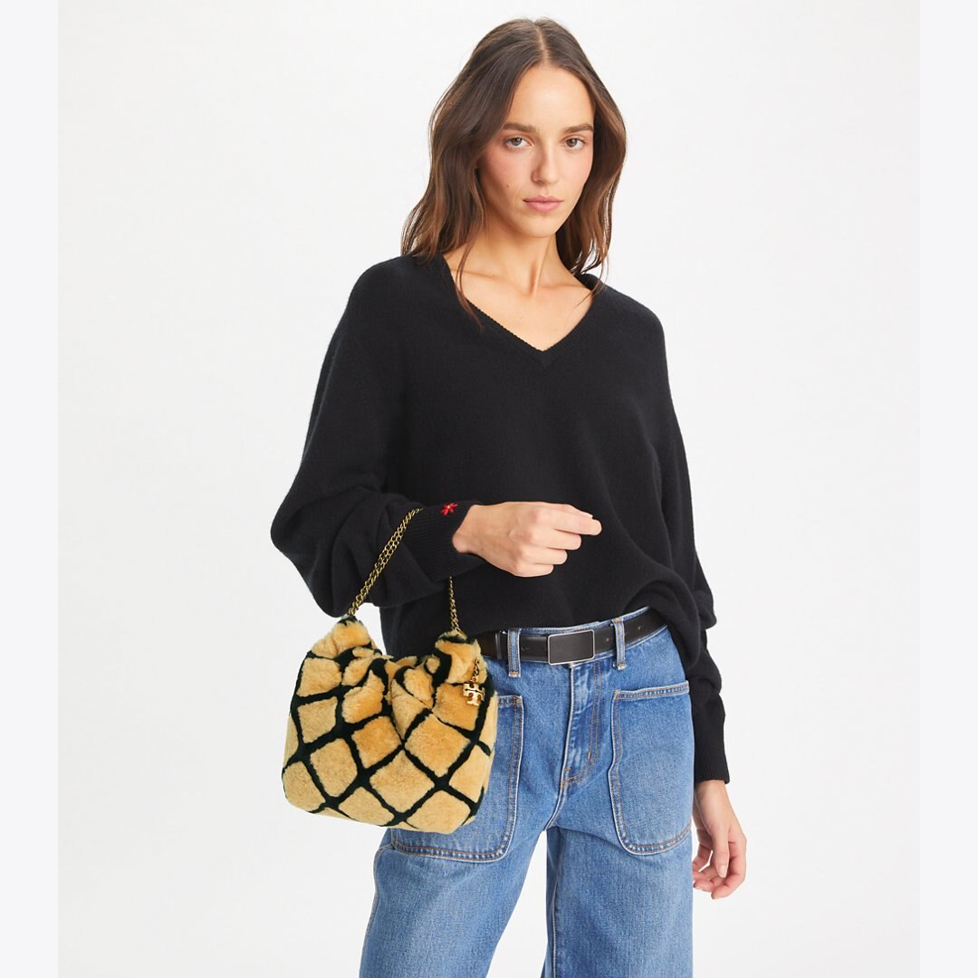 Tory Burch Mini Fleming Shearling Hobo Bag Toffee