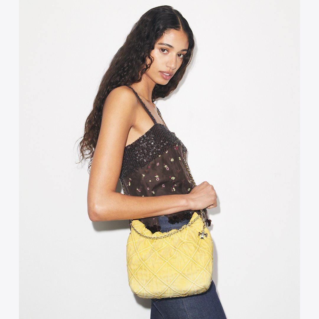 Tory Burch Mini Fleming Soft Denim Hobo Bag Yellow