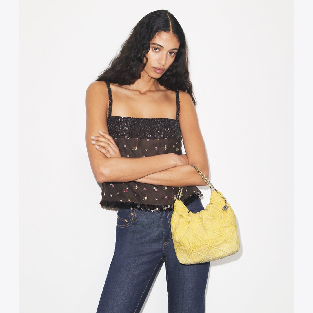 Tory Burch Mini Fleming Soft Denim Hobo Bag Yellow