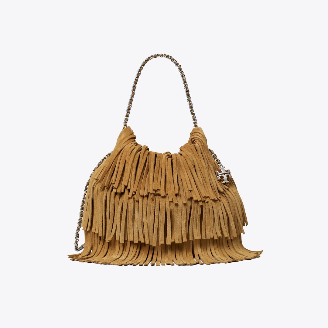 Tory Burch Mini Fleming Suede Fringe Hobo Bag WILD TABACCO
