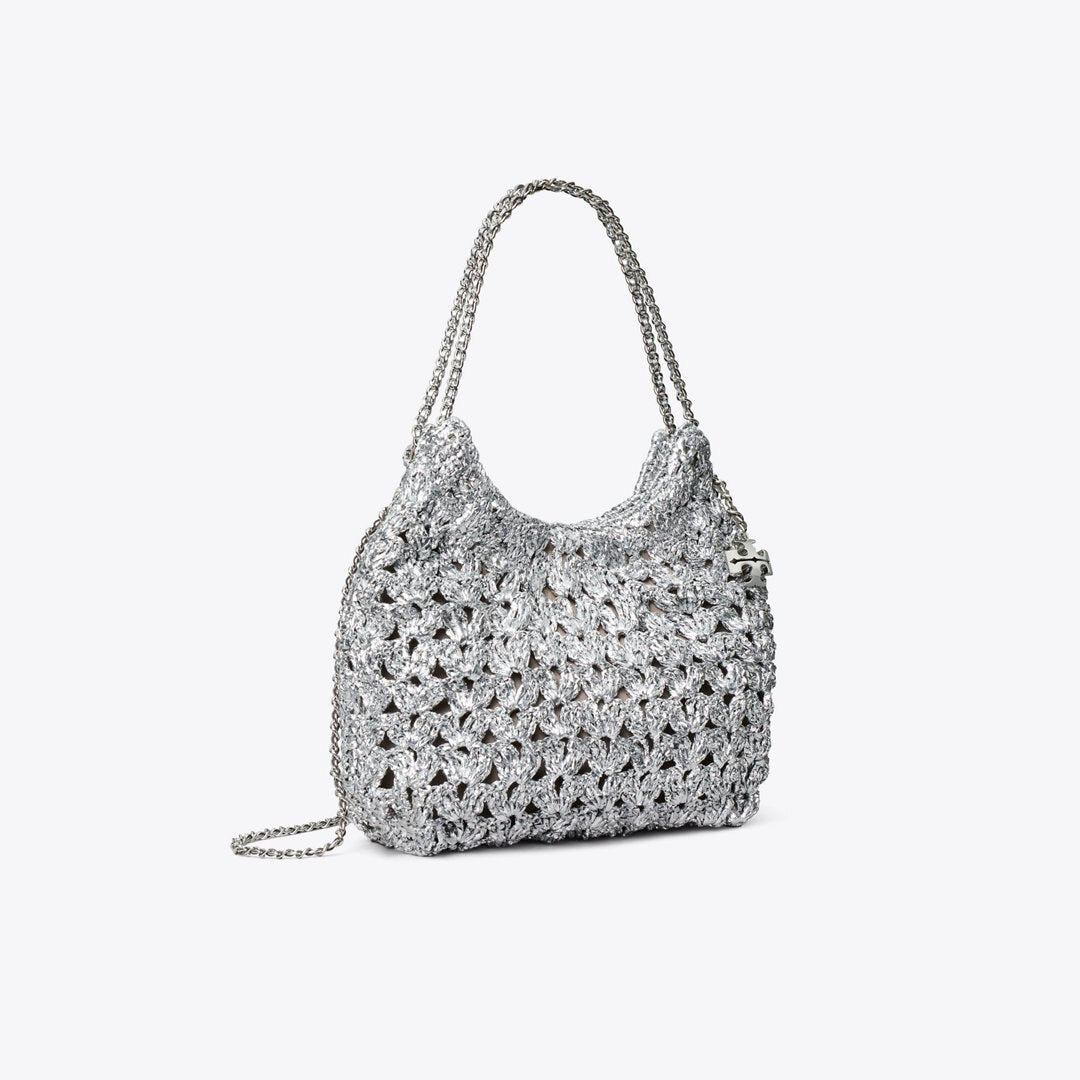 Tory Burch Mini Fleming Woven Hobo Bag Silver