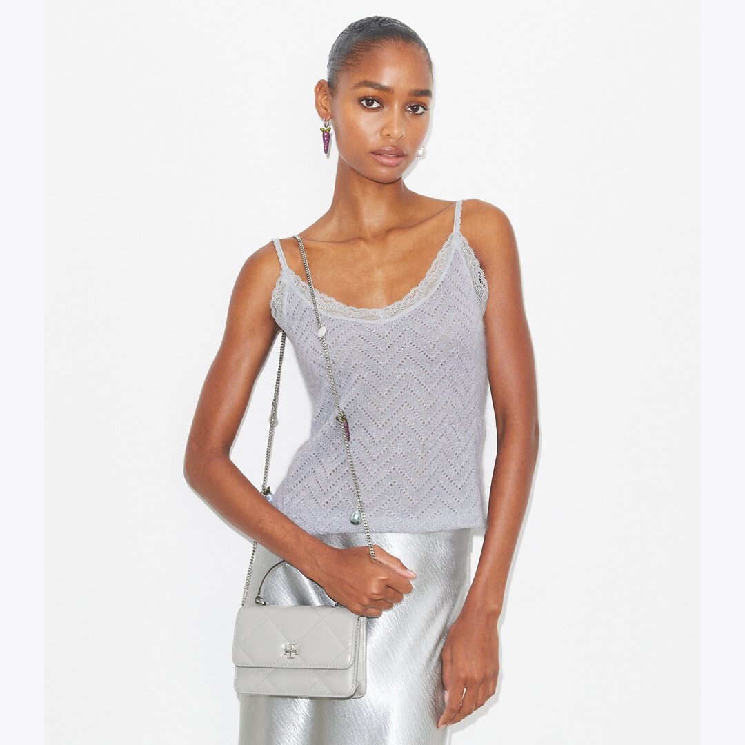 Tory Burch Mini Kira Diamond Quilt Charm Top-Handle Crossbody Gray