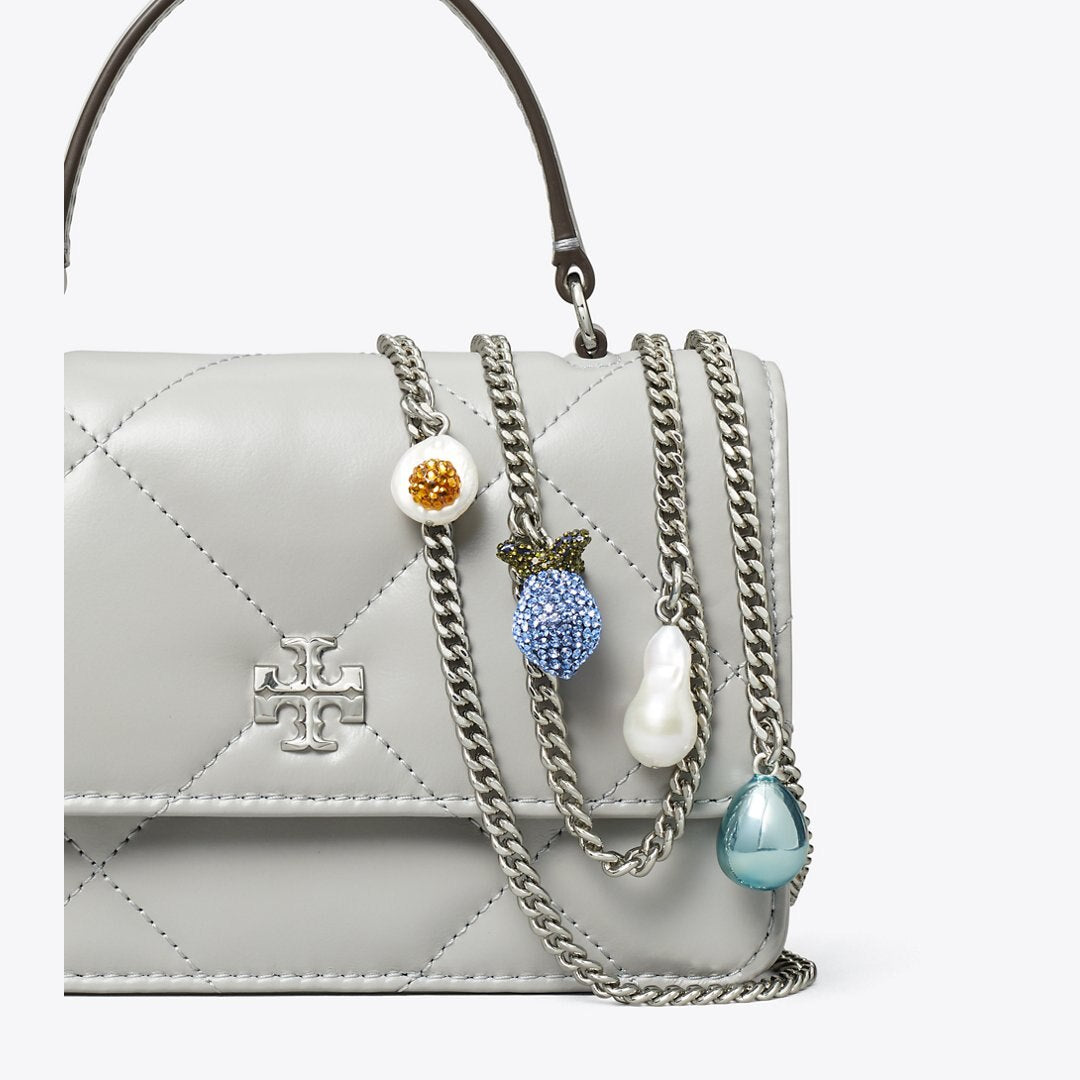 Tory Burch Mini Kira Diamond Quilt Charm Top-Handle Crossbody Gray