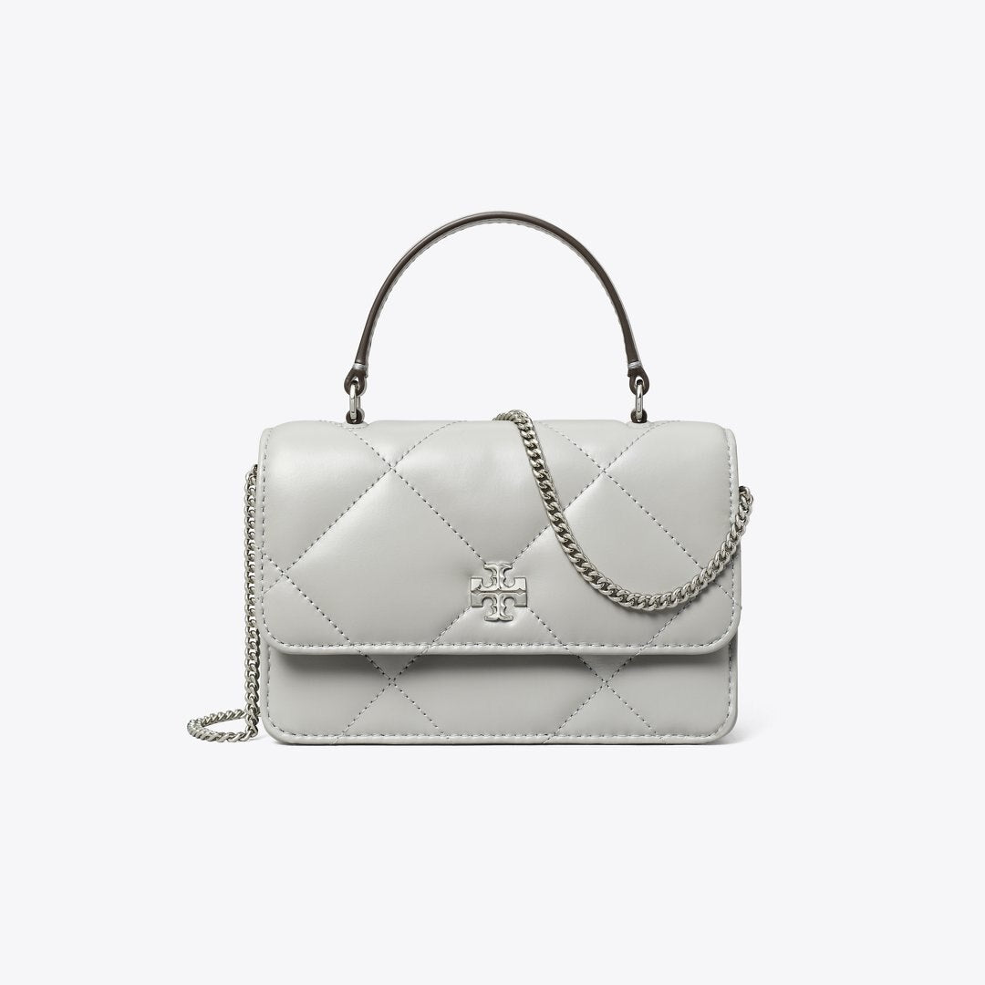 Tory Burch Mini Kira Diamond Quilt Charm Top-Handle Crossbody Gray