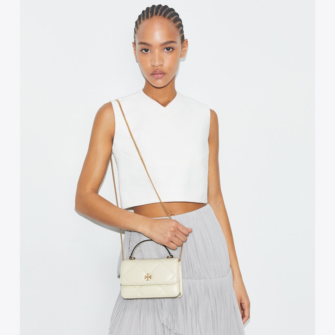 Tory Burch Mini Kira Diamond Quilt Top-Handle Crossbody Warm White