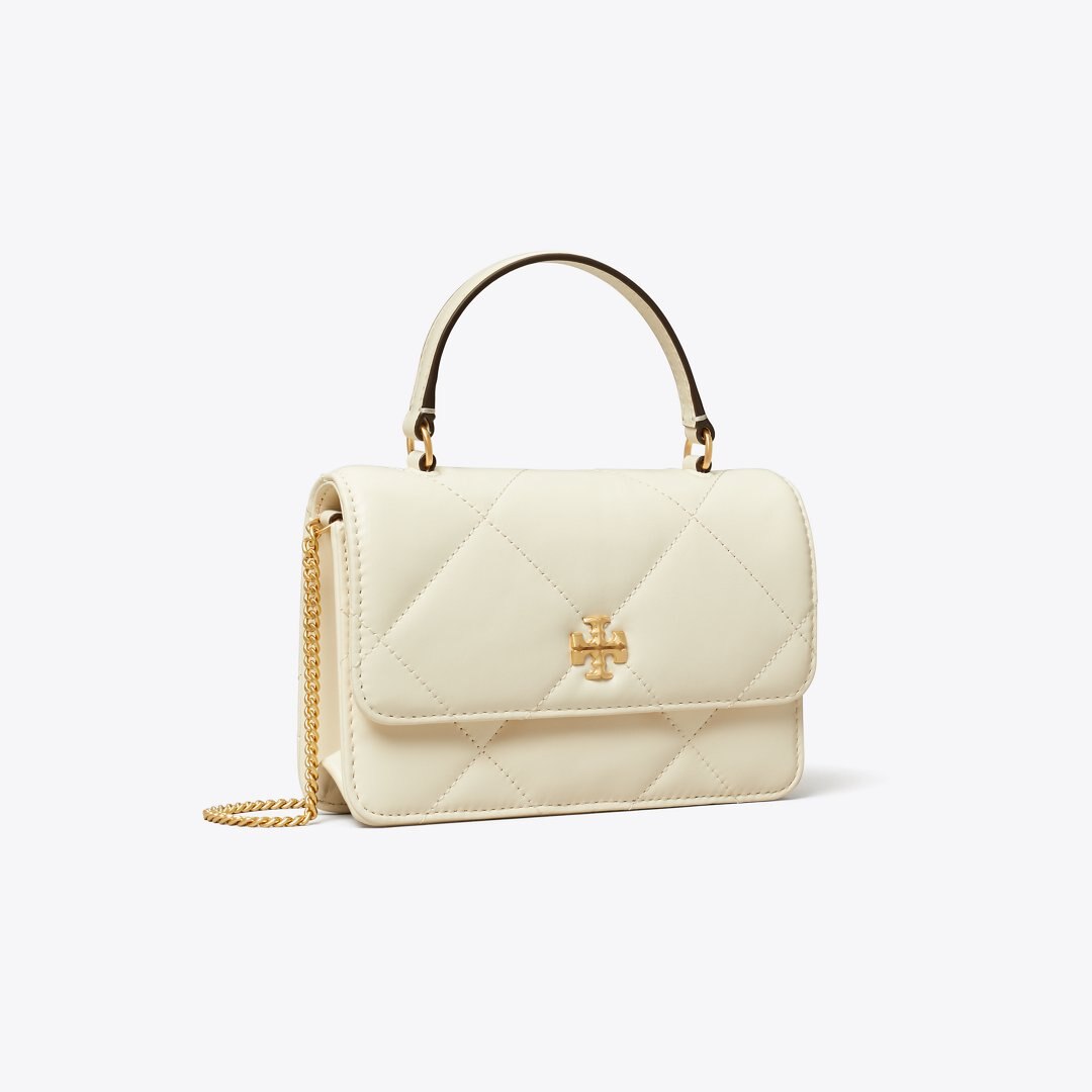 Tory Burch Mini Kira Diamond Quilt Top-Handle Crossbody Warm White