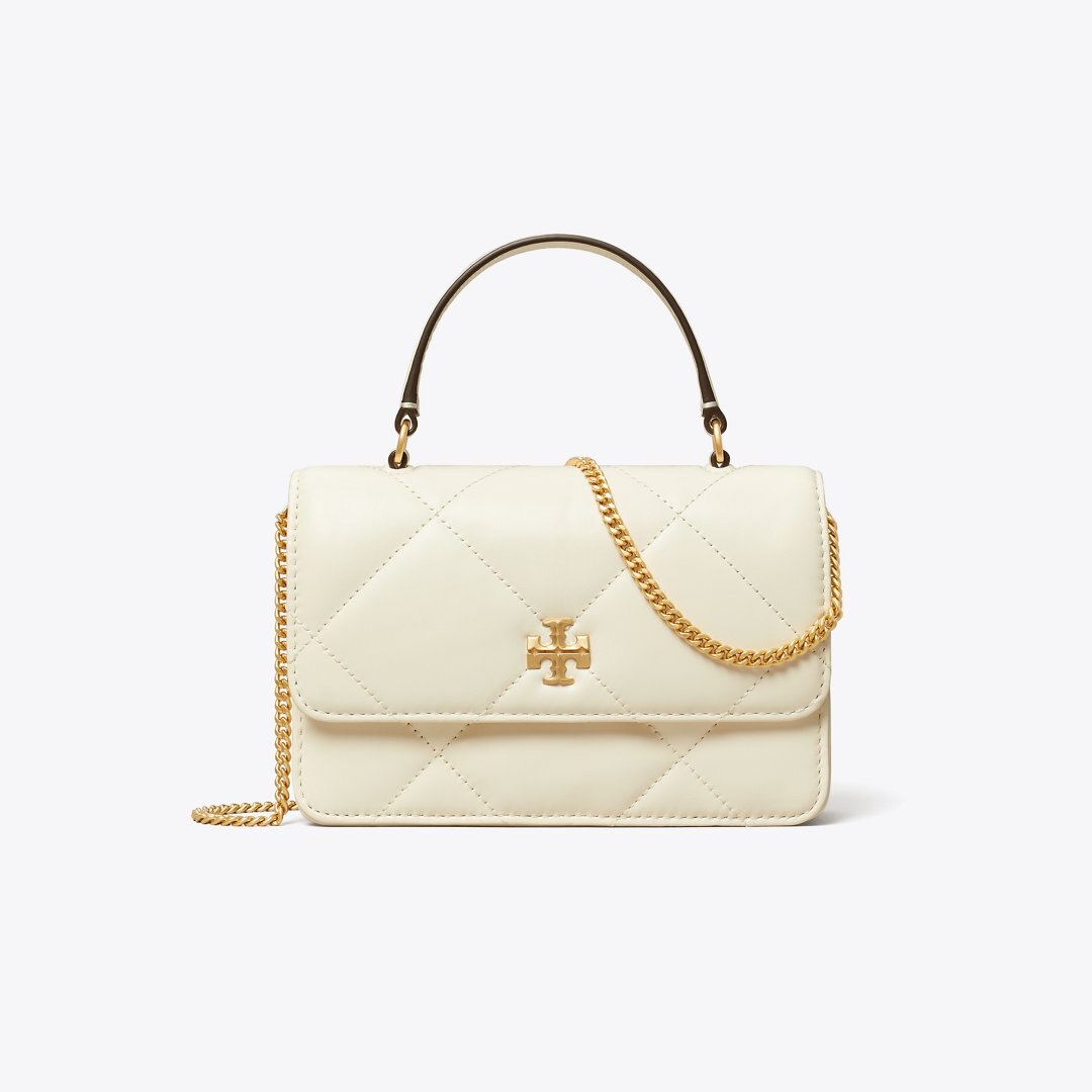 Tory Burch Mini Kira Diamond Quilt Top-Handle Crossbody Warm White