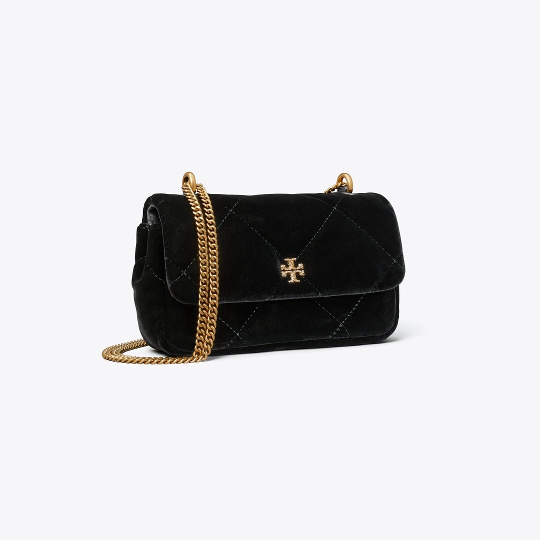 Tory Burch Mini Kira Diamond Quilt Velvet Pav Flap Bag Black