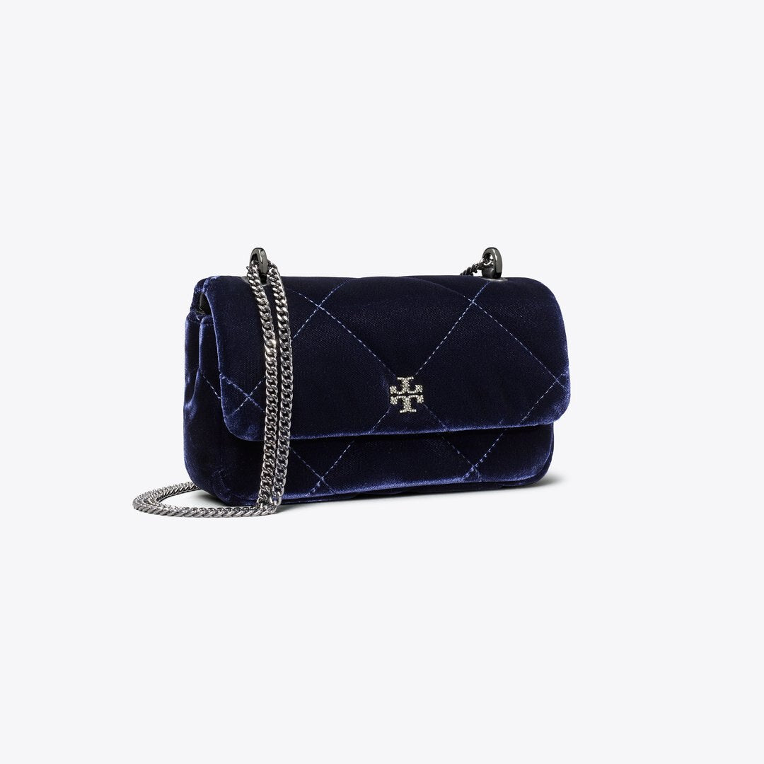 Tory Burch Mini Kira Diamond Quilt Velvet Pav Flap Bag PERFECT NAVY