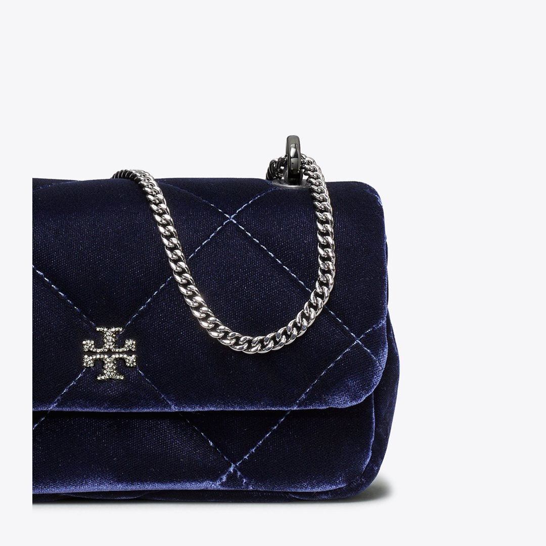 Tory Burch Mini Kira Diamond Quilt Velvet Pav Flap Bag PERFECT NAVY