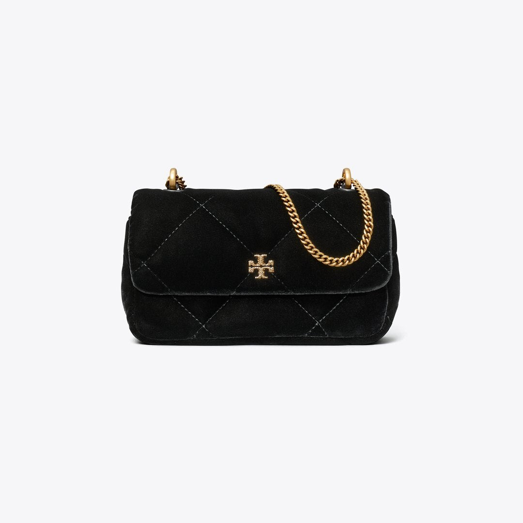 Tory Burch Mini Kira Diamond Quilt Velvet Pav Flap Bag Black