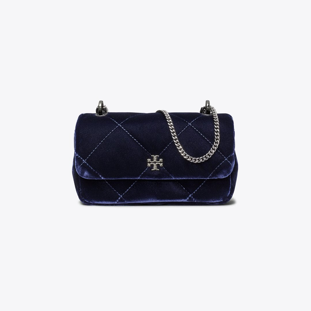 Tory Burch Mini Kira Diamond Quilt Velvet Pav Flap Bag PERFECT NAVY