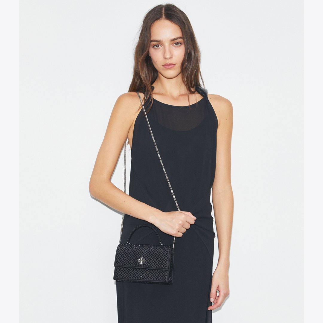 Tory Burch Mini Kira Satin Embellished Top-Handle Crossbody Black