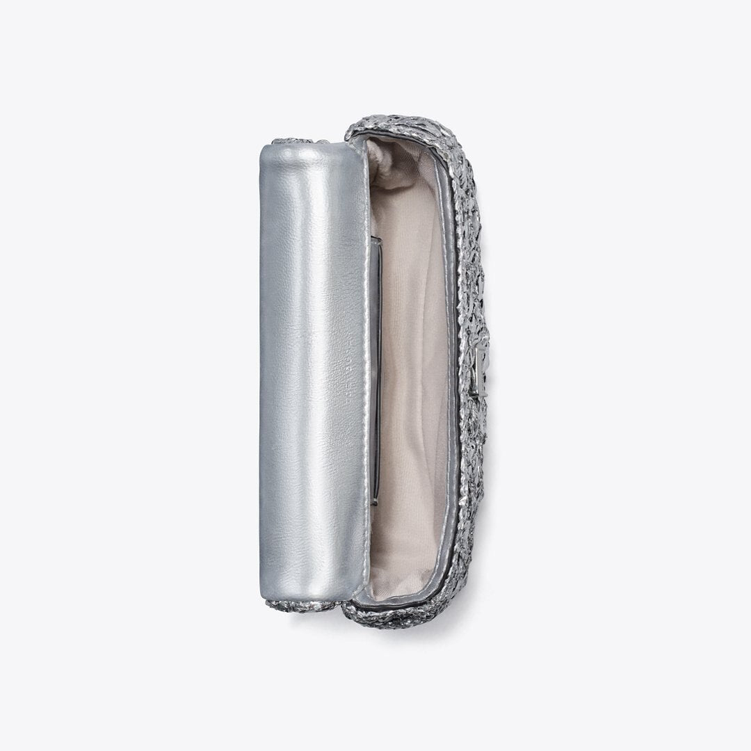 Tory Burch Mini Kira Woven Flap Bag Silver
