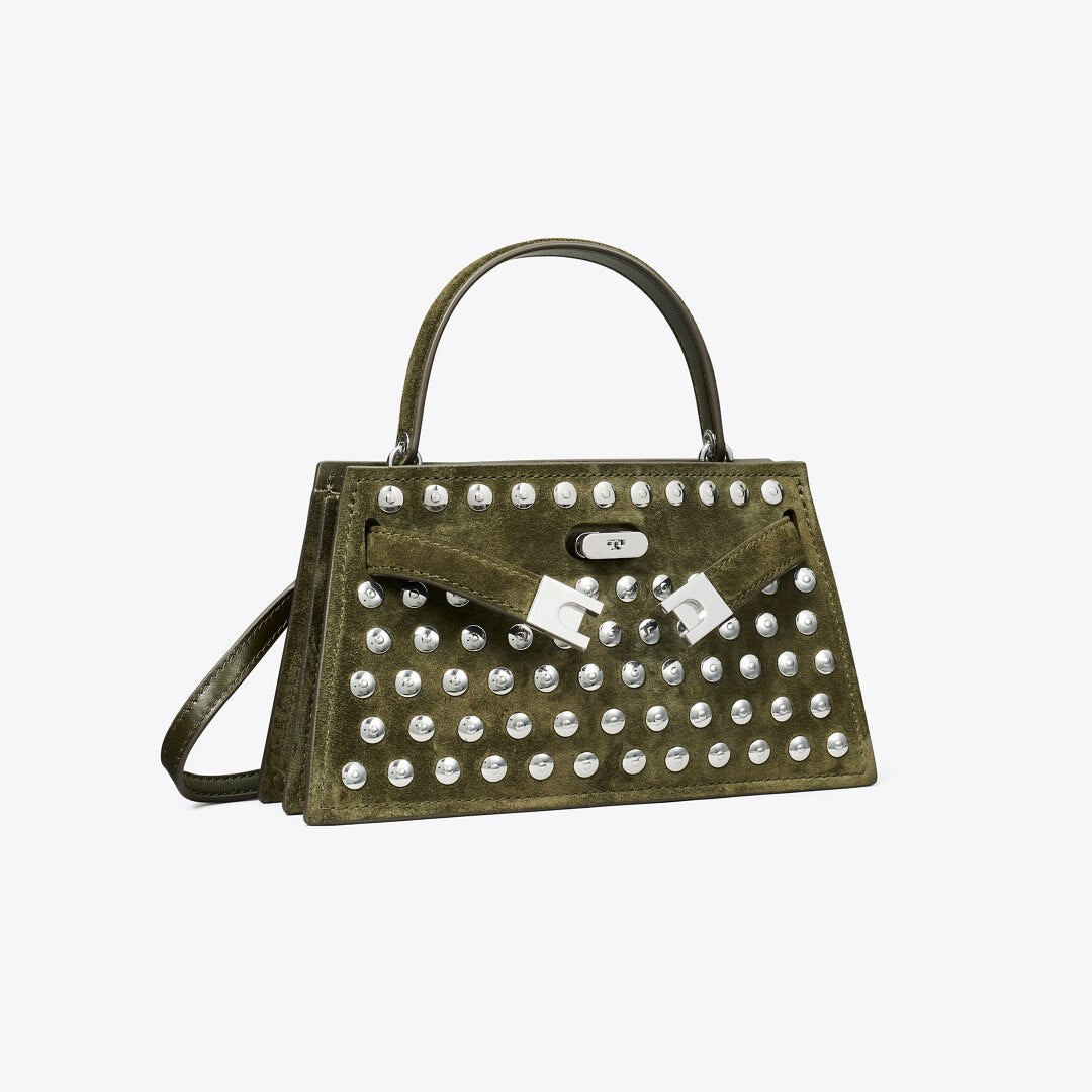 Tory Burch Mini Lee Radziwill Studded Suede Top-Handle Bag Dark Olive