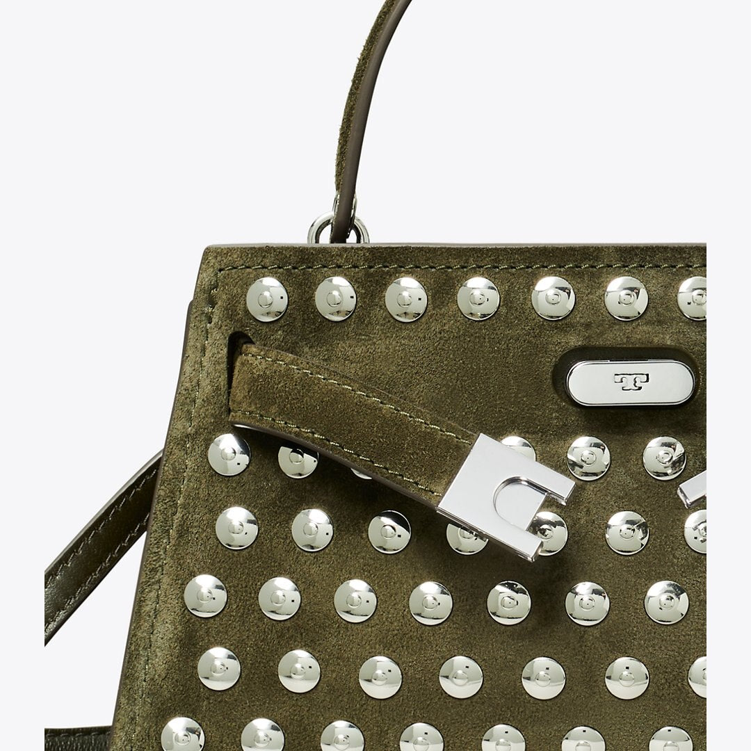 Tory Burch Mini Lee Radziwill Studded Suede Top-Handle Bag Dark Olive