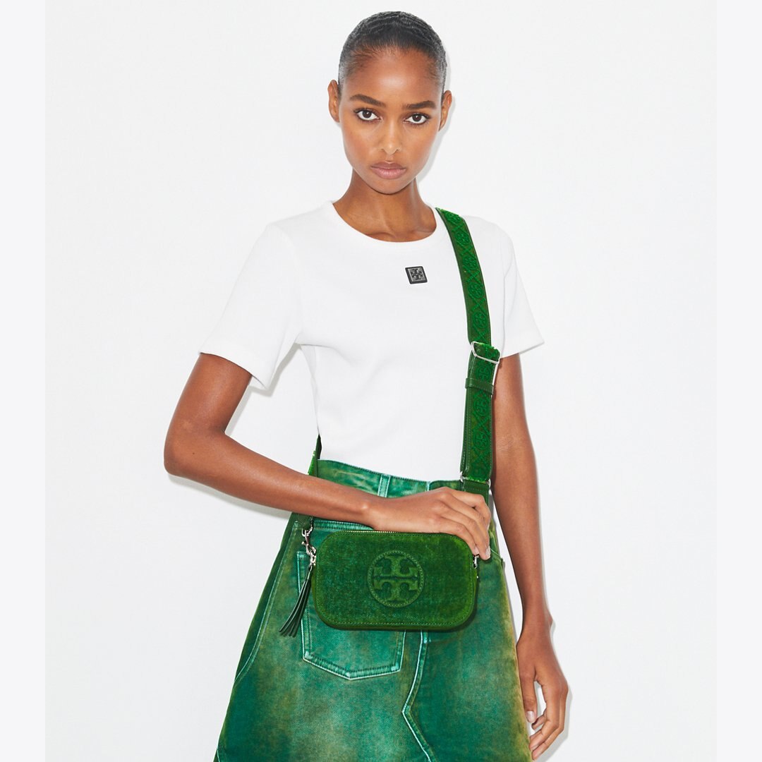 Tory Burch Mini Miller Flocked Crossbody Bag Emerald