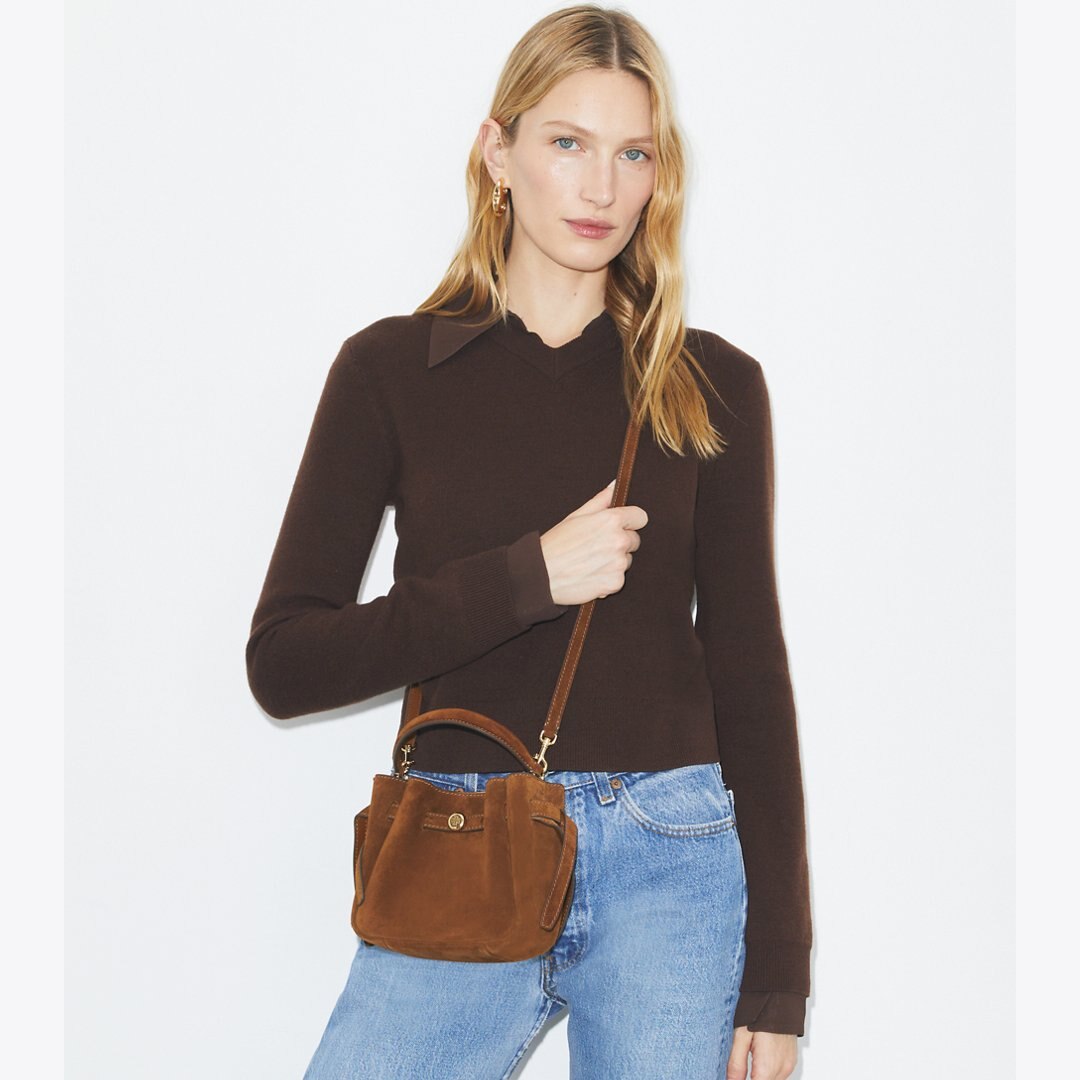 Tory Burch Mini Romy Suede Bucket Bag Caramel
