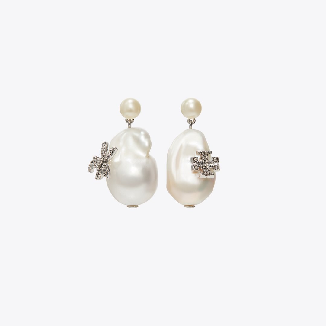 Tory Burch Moondance Pearl and Flower Drop Earrings Tory Silver / Pearl / Crystal