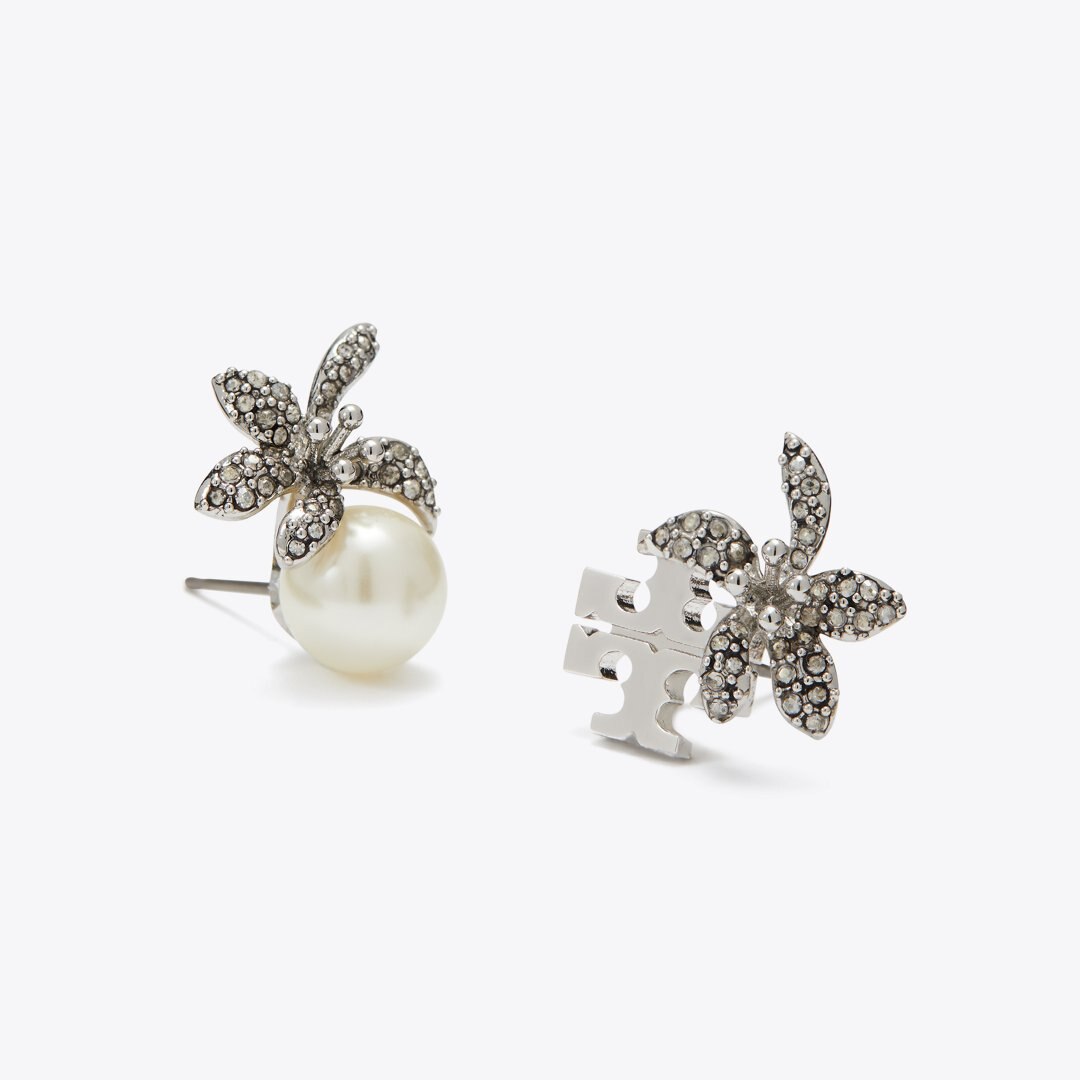 Tory Burch Moondance Pearl and Flower Stud Earrings Tory Silver / Pearl / Crystal