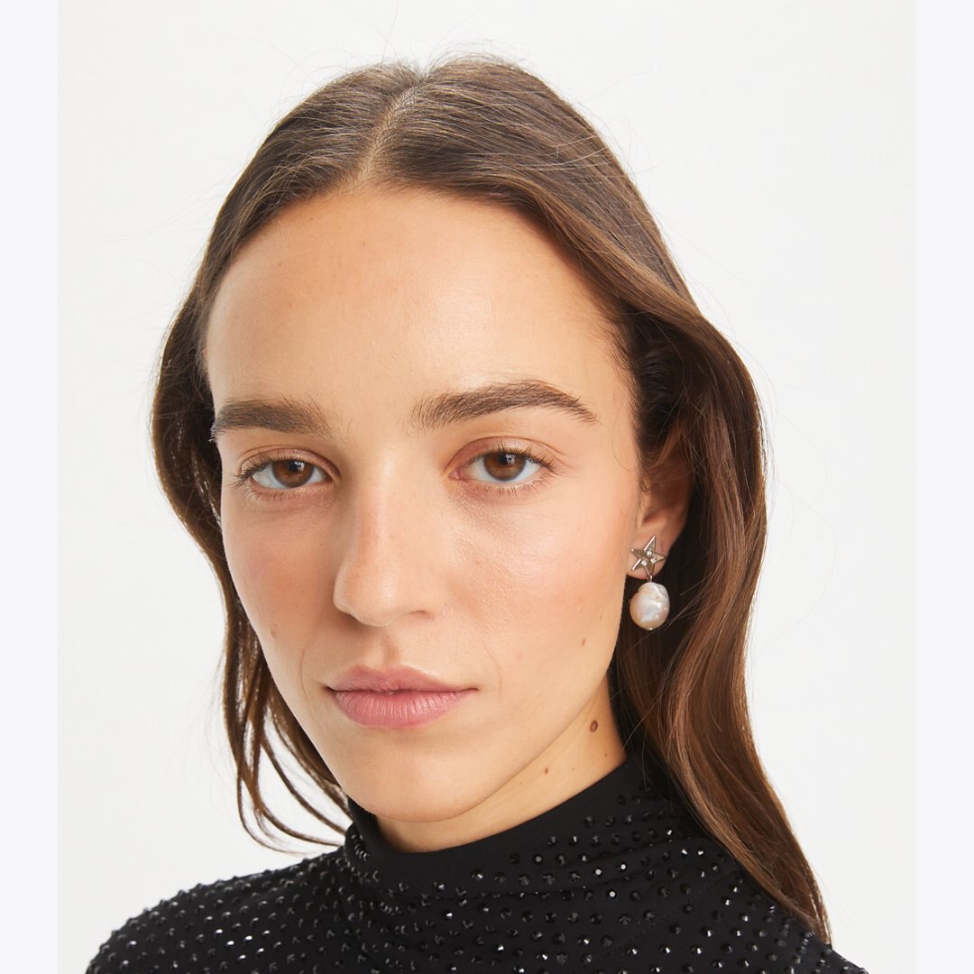 Tory Burch Moondance Pearl and Star Drop Earrings Tory Silver / Pearl / Crystal