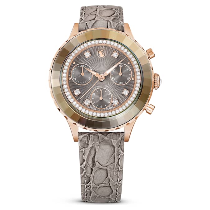 Swarovski Octea Chrono Watch Swiss Made Leather Strap Gray Rose Gold-Tone Finish SW5671153