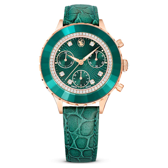 Swarovski Octea Chrono Watch Swiss Made Leather Strap Green Rose Gold-Tone Finish SW5672931