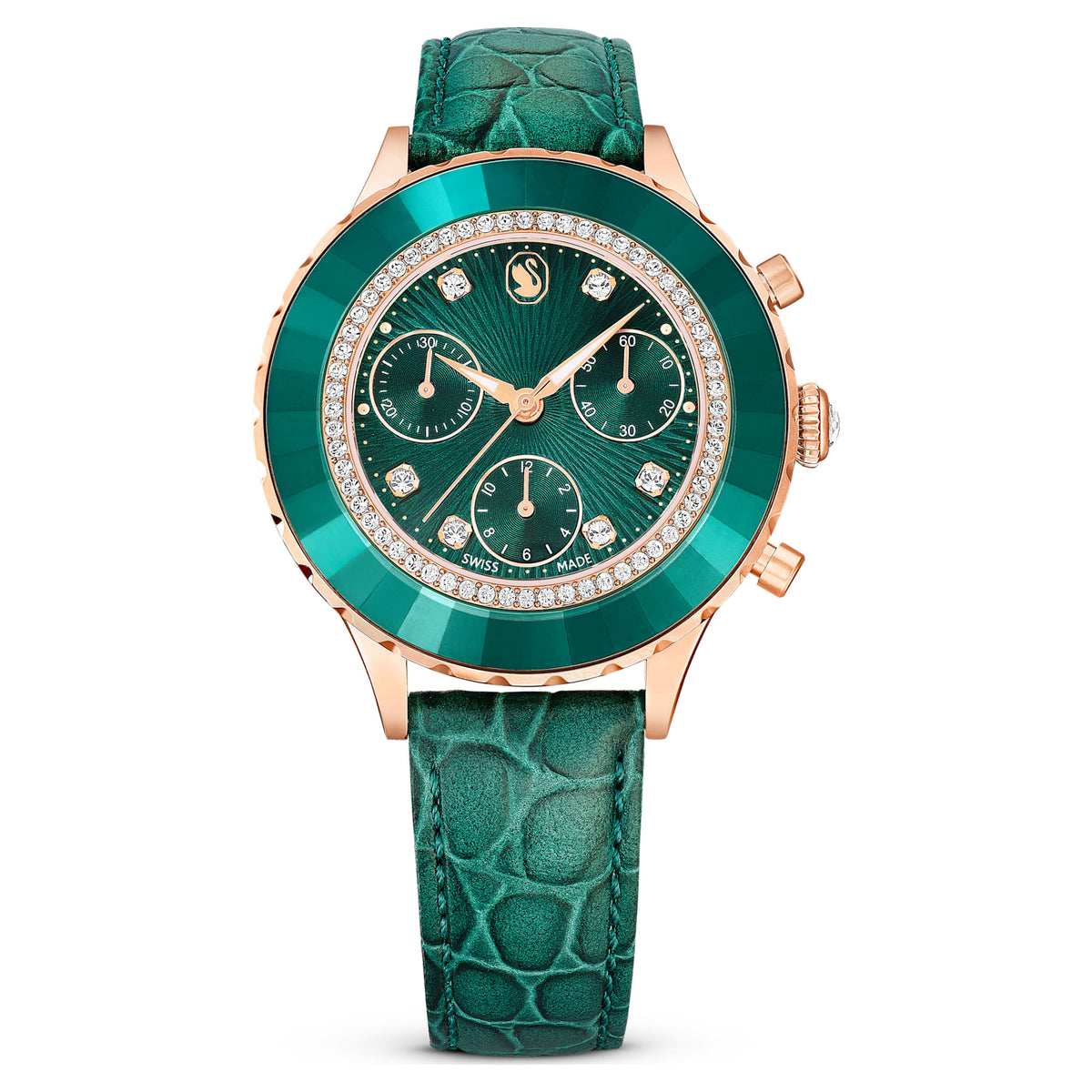 Swarovski Octea Chrono Watch Swiss Made Leather Strap Green Rose Gold-Tone Finish SW5672931