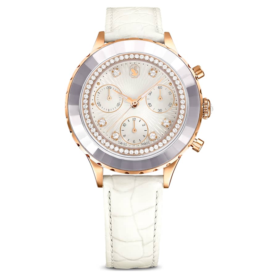 Swarovski Octea Chrono Watch Swiss Made Leather Strap White Rose Gold-Tone Finish SW5671150