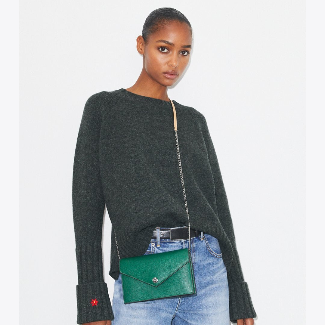 Tory Burch Pebble Envelope Chain Wallet Dark Kale