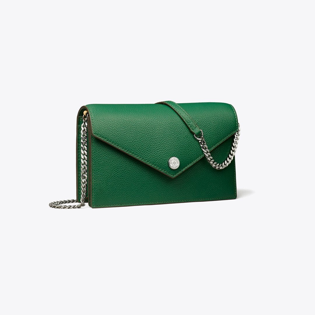 Tory Burch Pebble Envelope Chain Wallet Dark Kale