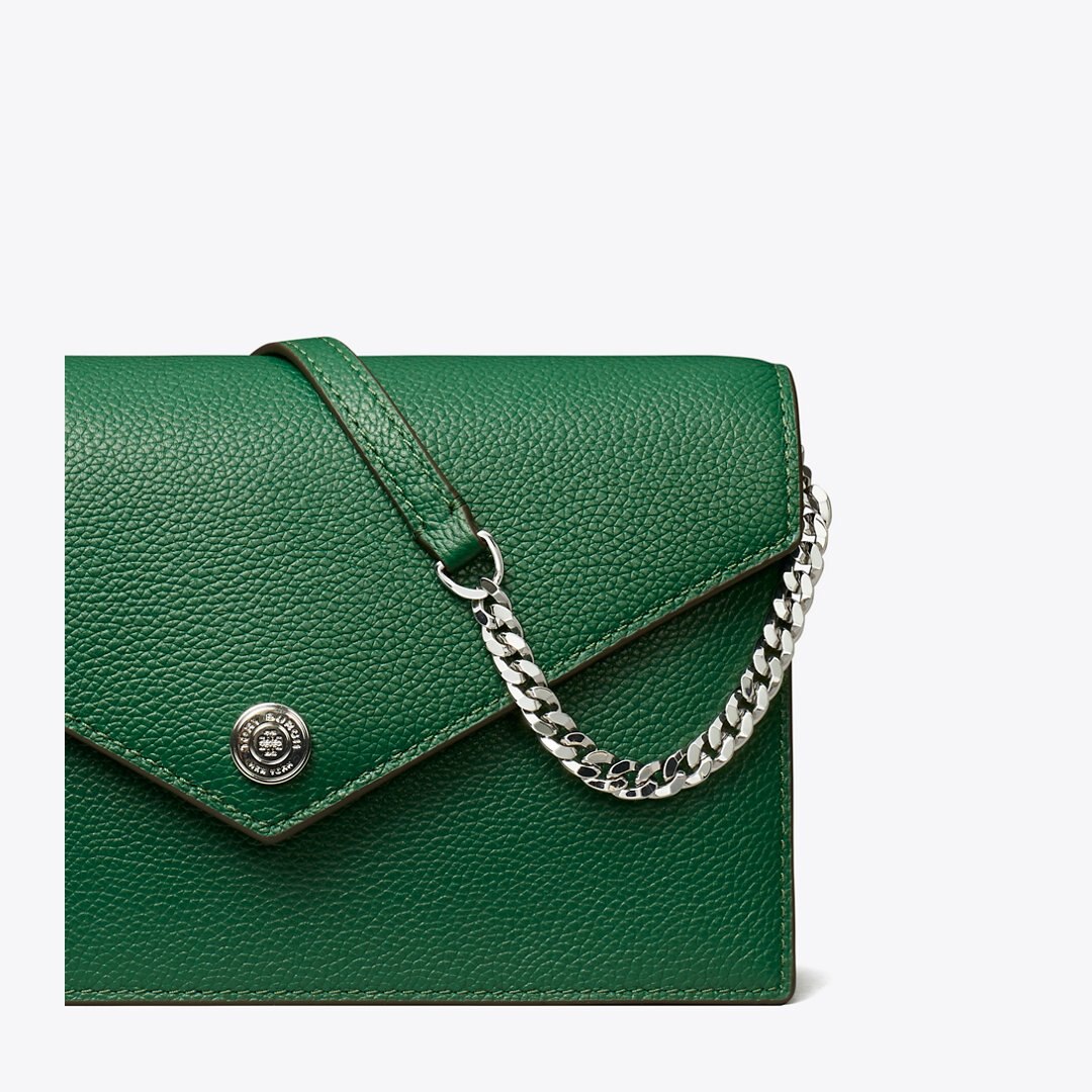 Tory Burch Pebble Envelope Chain Wallet Dark Kale