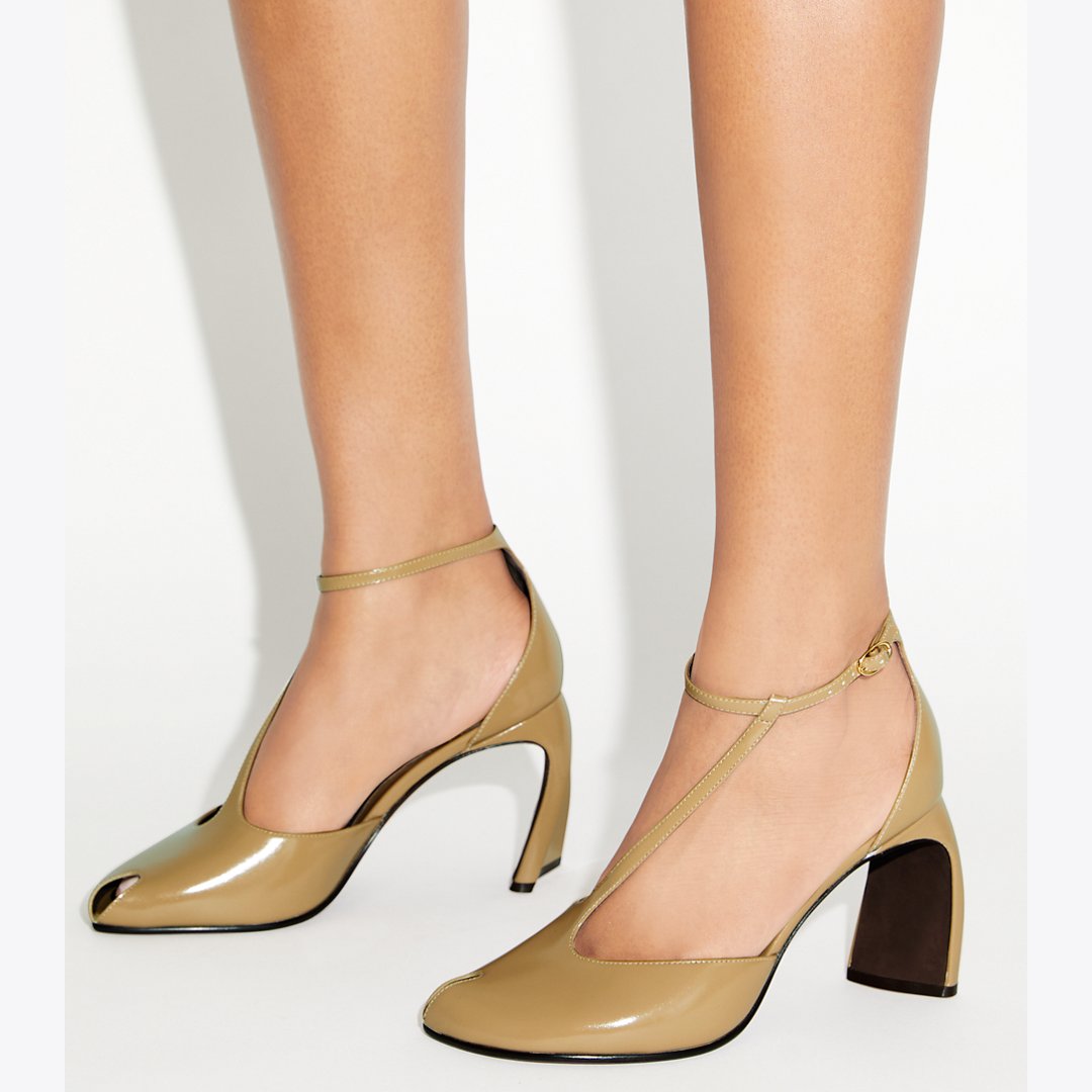 Tory Burch Peep-Toe T-Strap Heeled Sandal WARM NUTMEG