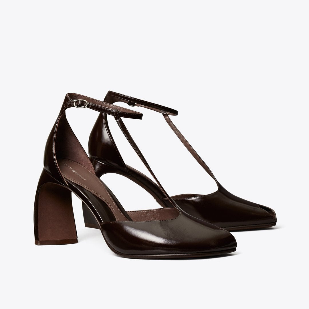 Tory Burch Peep-Toe T-Strap Heeled Sandal DEEP BROWN
