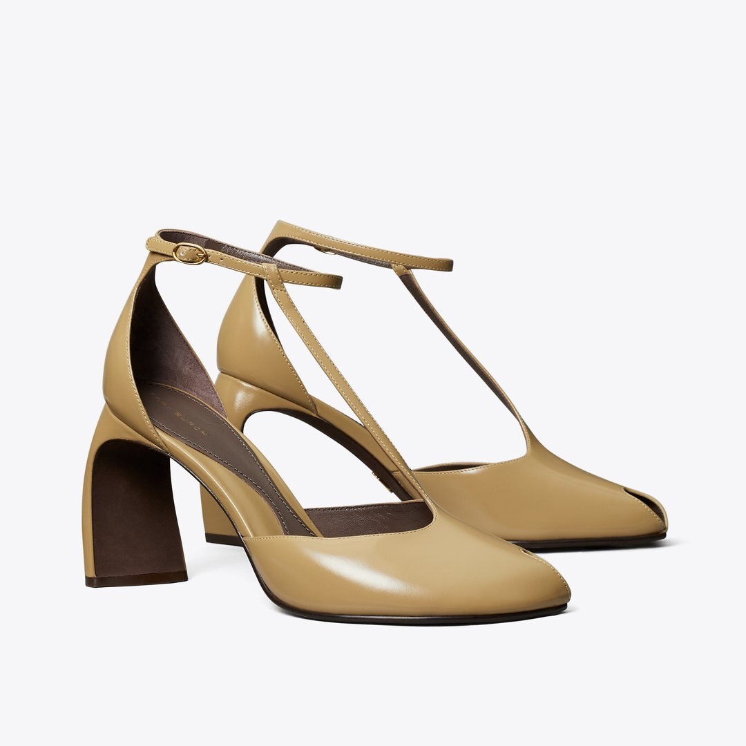 Tory Burch Peep-Toe T-Strap Heeled Sandal WARM NUTMEG