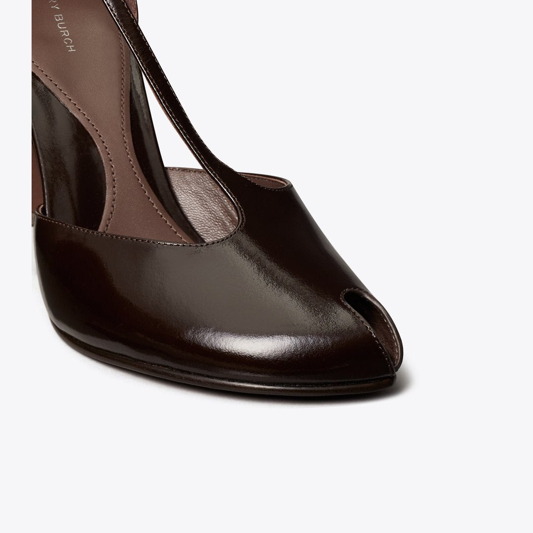 Tory Burch Peep-Toe T-Strap Heeled Sandal DEEP BROWN