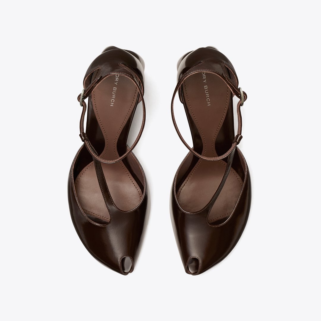 Tory Burch Peep-Toe T-Strap Heeled Sandal DEEP BROWN