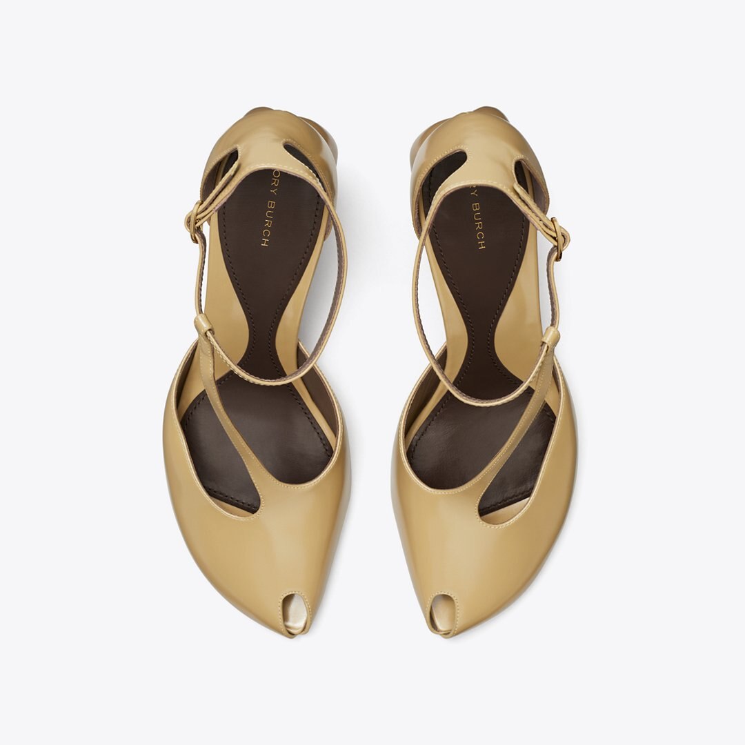 Tory Burch Peep-Toe T-Strap Heeled Sandal WARM NUTMEG