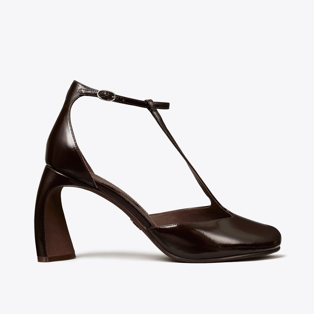 Tory Burch Peep-Toe T-Strap Heeled Sandal DEEP BROWN