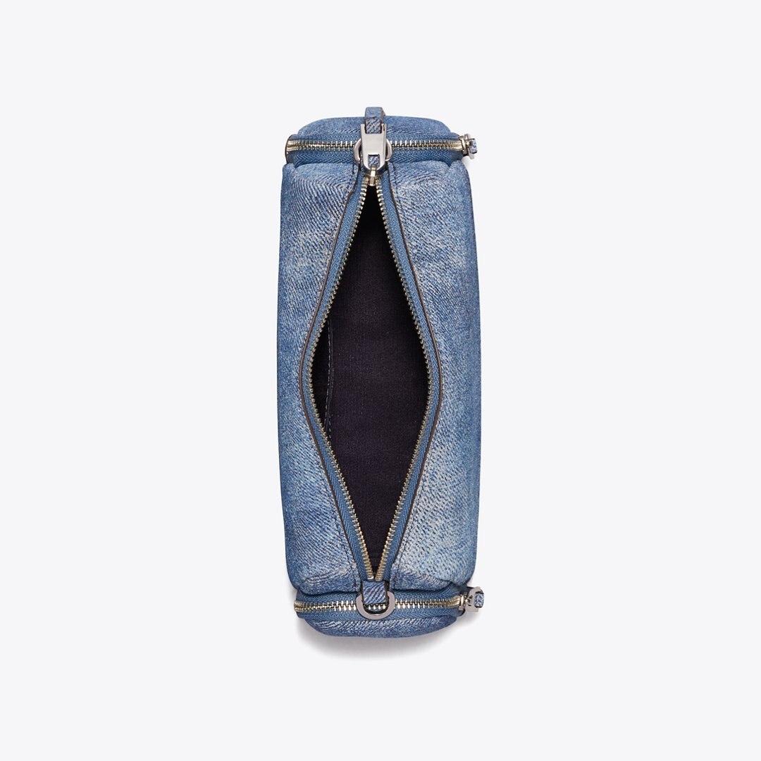 Tory Burch Perry Denim-Print Suede Voyager Crossbody Bag Blue Jean